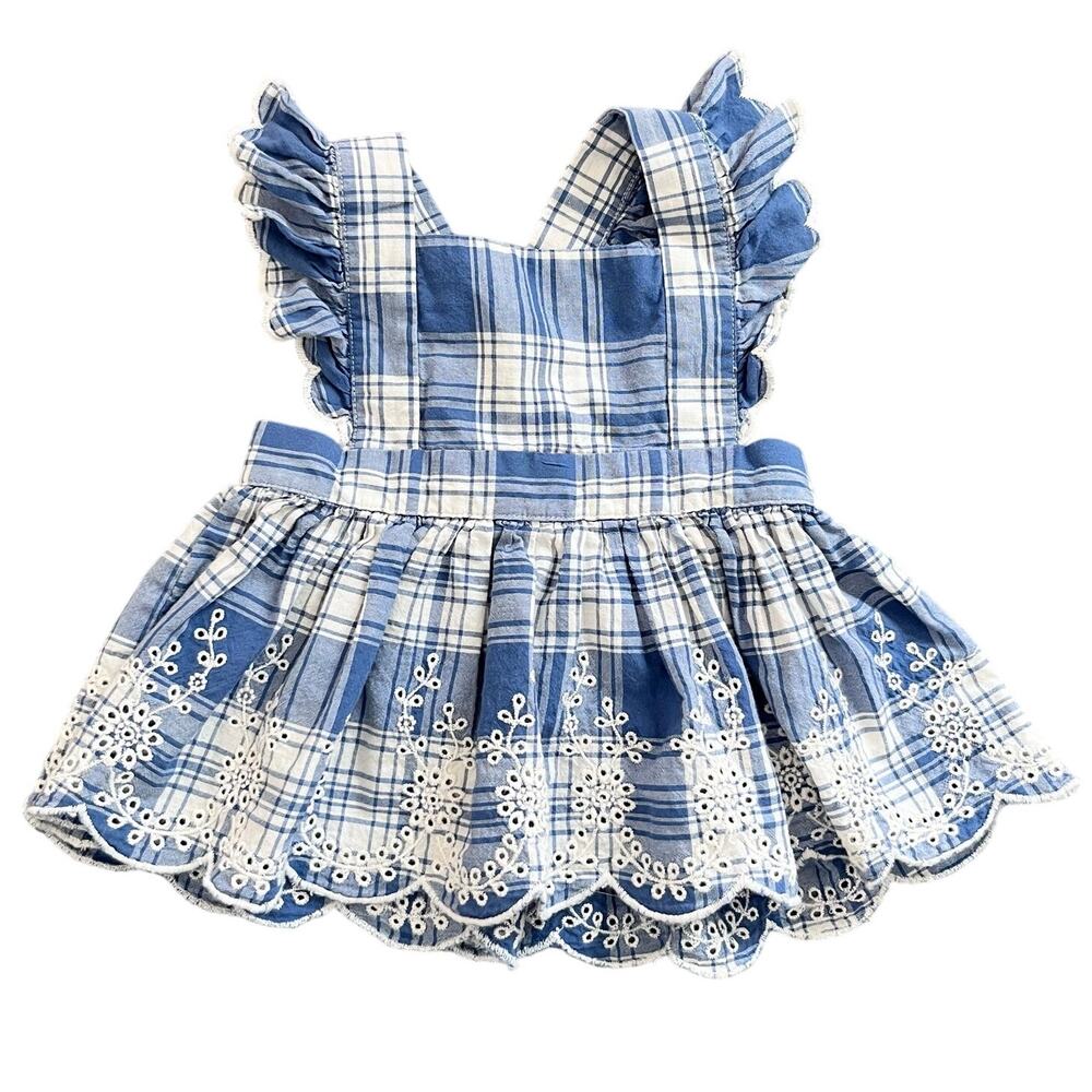 Ralph Lauren Baby Girl Blue Plaid Eyelet Pinafore Dress 3M Cotton Ruffle